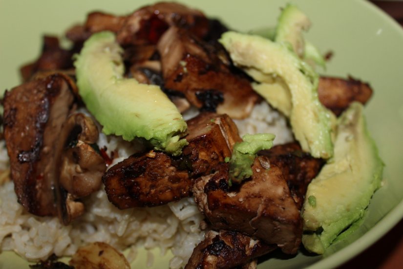 Pan fried tofu and mushroom over beans and rice! So Delicious! Recipe: Veggie