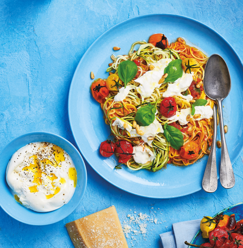 Yellow Courgetti with Balsamic-roasted Heirloom Tomatoes, Basil, Toasted Pine Nuts and Burrata Recipe: Veggie