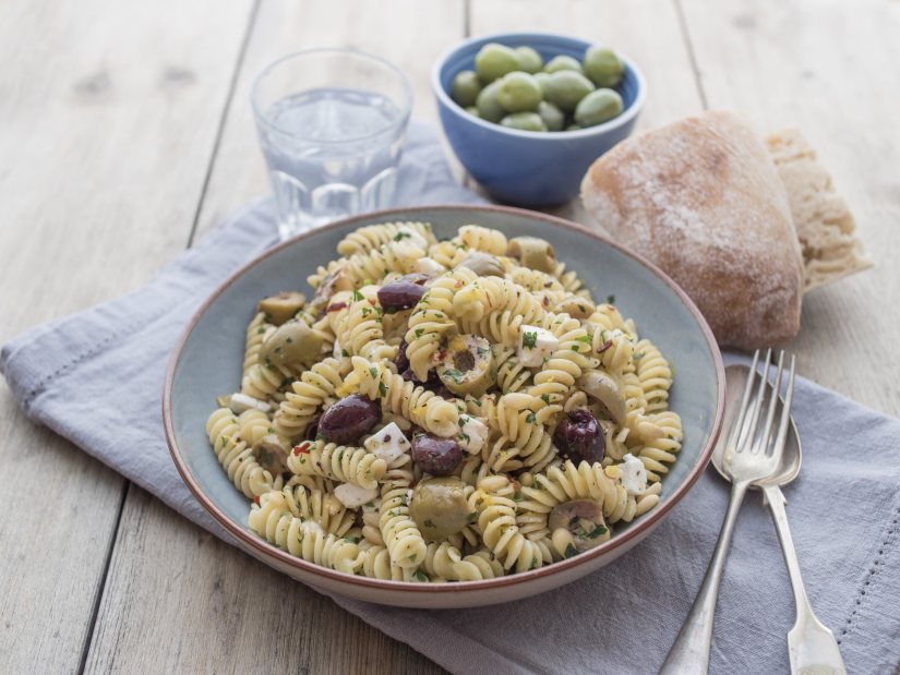 Fusilli Pasta with Sabrina Ghayour’s Mixed Olives with Artichokes & Feta Recipe: Veggie