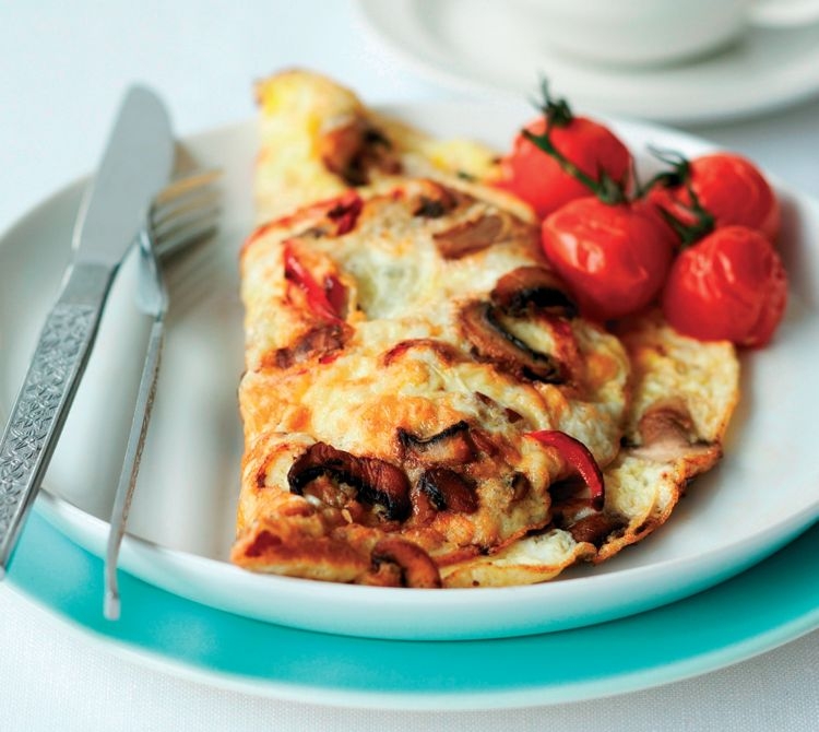 Mushroom and Pepper Omelette with Roasted Tomatoes