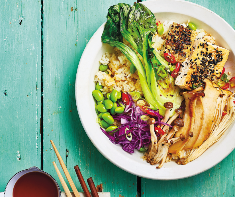 Sesame Crusted Tofu, Mushroom and Pak Choi Stir-fry with Japanese Rice Recipe: Veggie