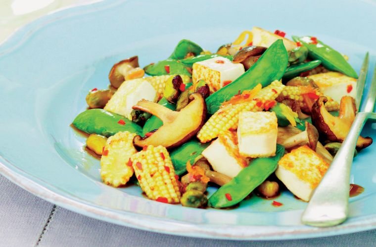 Tofu, Snow Peas and Pistachio Salad Recipe: Veggie