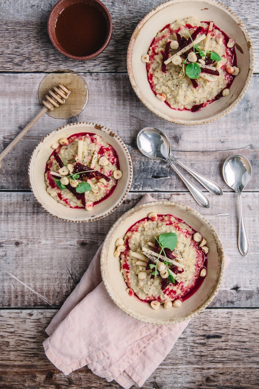 5 Grain Savoury Porridge with Pickled Beetroot, Apple and Hazelnuts