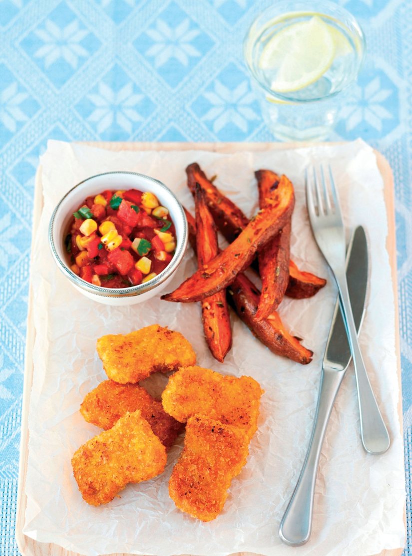 Nuggets with Chilli Salsa and Spicy Sweet Potato Wedges Recipe: Veggie