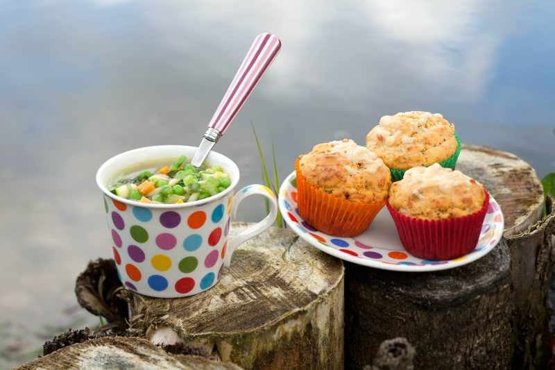 Pea Minestrone with Sun-dried Tomato, Polenta and Basil Muffins