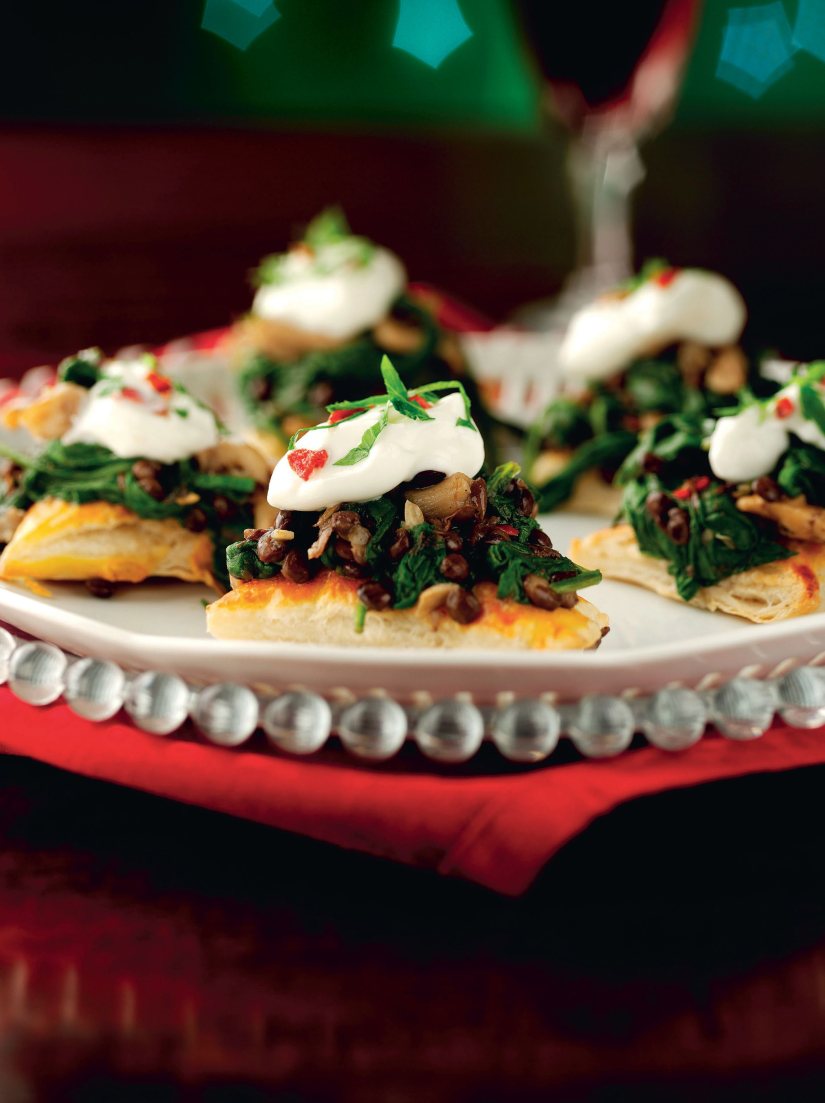 Wild Mushroon Spinach and Puy Lentil Gallates With Chilli and Garlic Yoghurt Recipe: Veggie