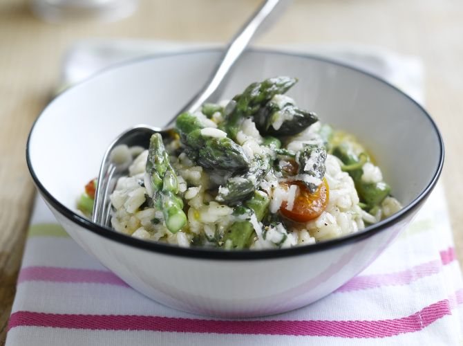 Asparagus, Watercress and Pan-roasted Cherry Tomato Risotto Recipe: Veggie