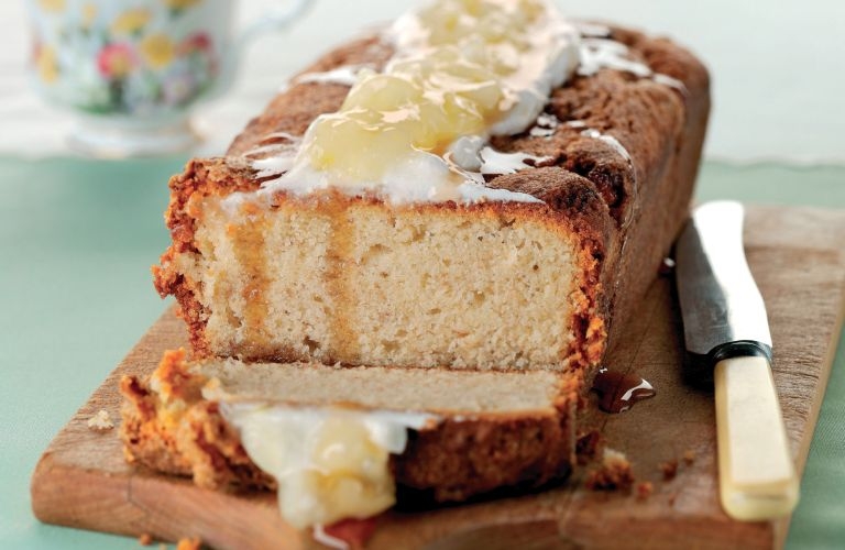 Banana Bread topped with Apple, Maple Syrup and Yoghurt