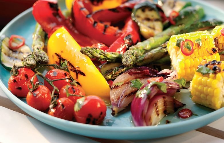 Barbecued Summer Vegetables with Pomegranate Dressing Recipe: Veggie Magazine