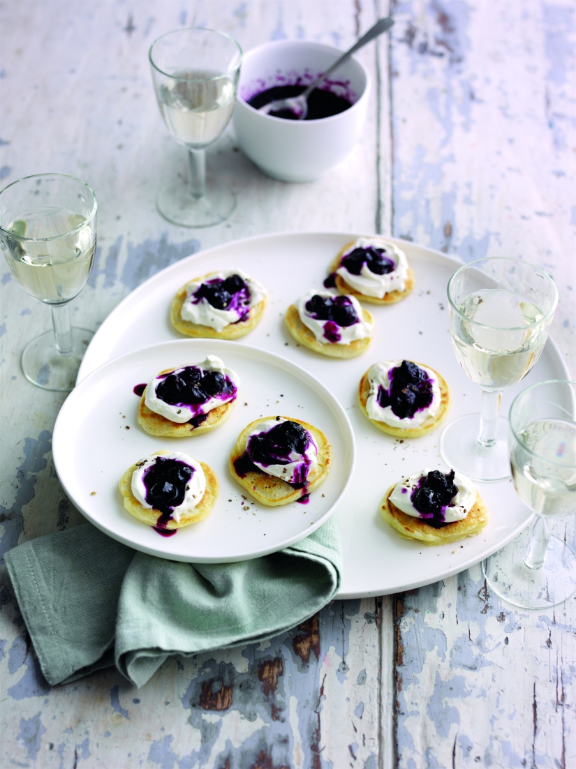 Blueberry Blinis with Whipped Goat’s Cheese and Blueberry and Black Pepper Chutney