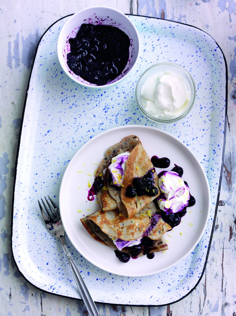 Blueberry Buckwheat Crepes with Greek Yoghurt and Blueberry Lemon Compote Recipe: Veggie