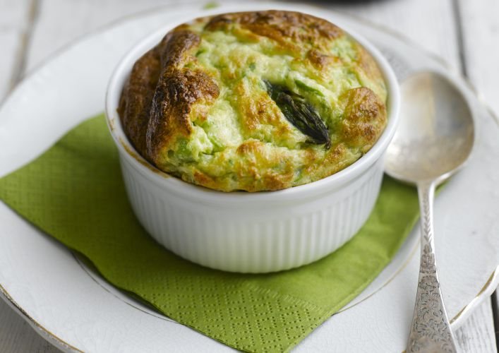 Asparagus, Pea & Goat’s Cheese Soufflés Recipe: Veggie