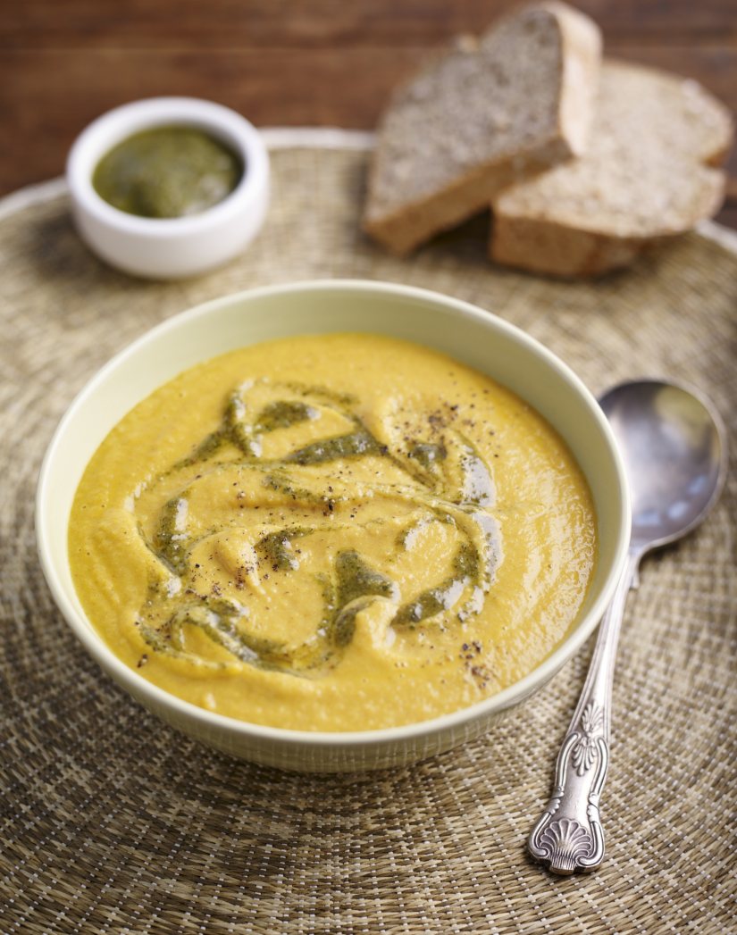Carrot, Coconut and Peanut Butter Soup with Carrot Top Pesto Recipe: Veggie