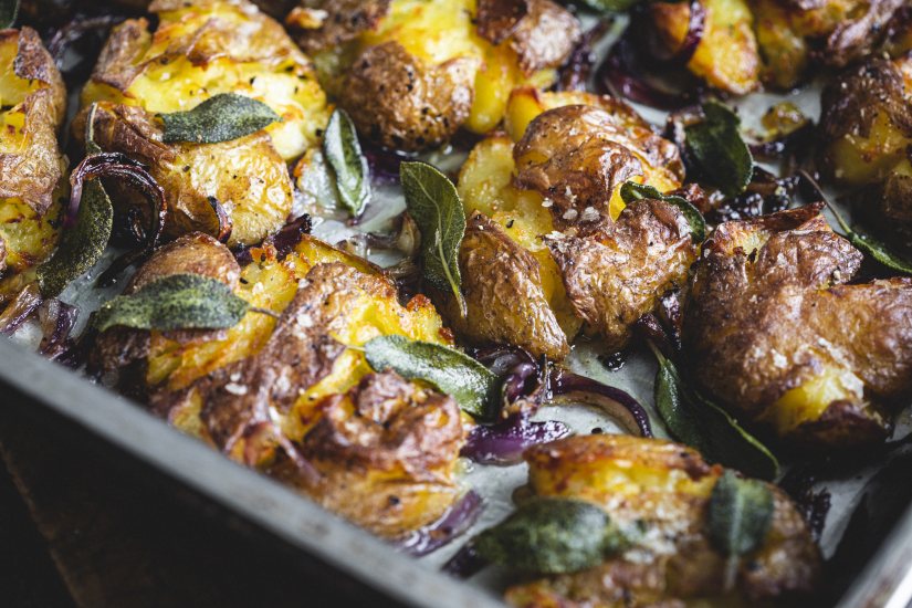 Smashed Potatoes with Onion and Sage Recipe: Veggie