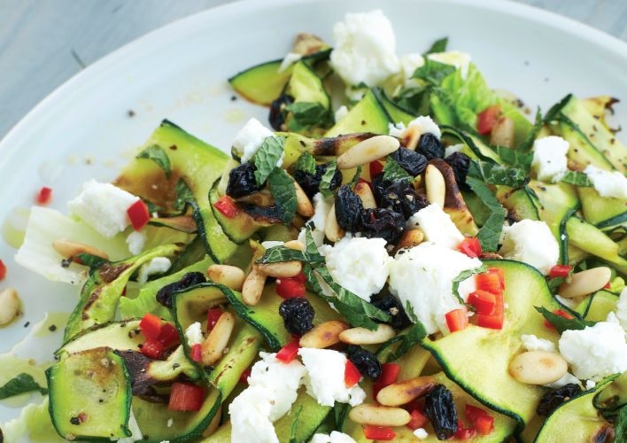 Grilled Courgette Salad with Chilli, Feta and Pine Nuts