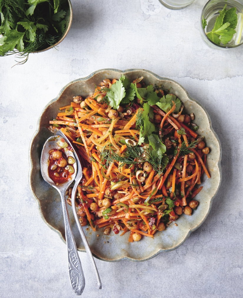 Hot and sour carrot and chickpea salad with preserved lemon and toasted seeds