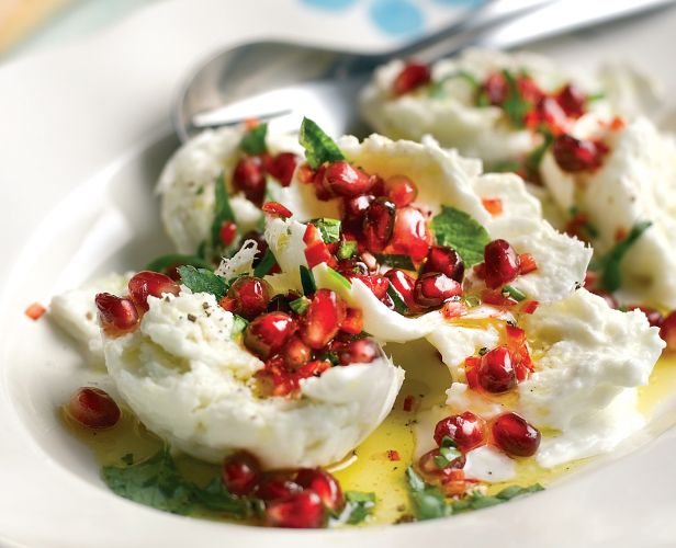 Pomegranate and Mozzarella Salad with a Chilli, Mint and Parsley Dressing Recipe: Veggie Magazine