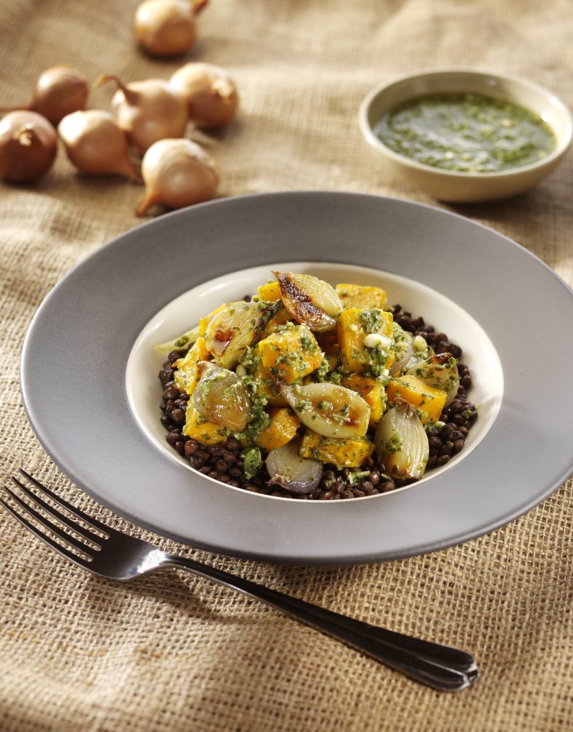 Roasted Shallots and Butternut Squash with Pesto Recipe: Veggie