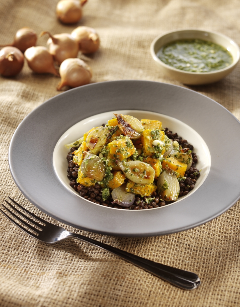 Roasted Shallots and Butternut Squash with Pesto