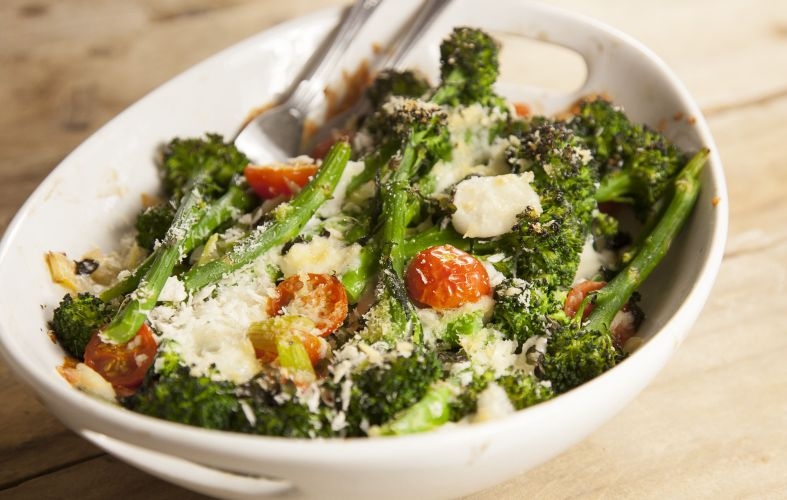 Purple Sprouting Broccoli, Mozzarella and Tomato Bake