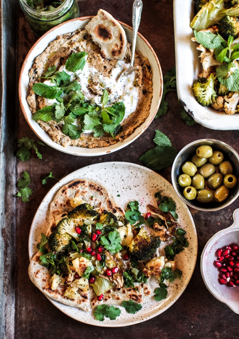 Roast Cauliflower and Broccoli with Crushed Celeriac & Aubergine Dip