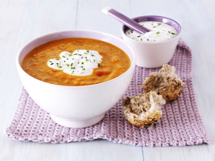 Spicy Tomato Soup with Sour Cream and Chive Dip Recipe: Veggie