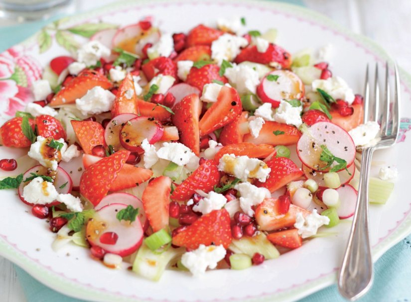 Strawberry, Pomegrante, Fennel, Radish and Mint Salad topped with Crumbled Feta Recipe: Veggie