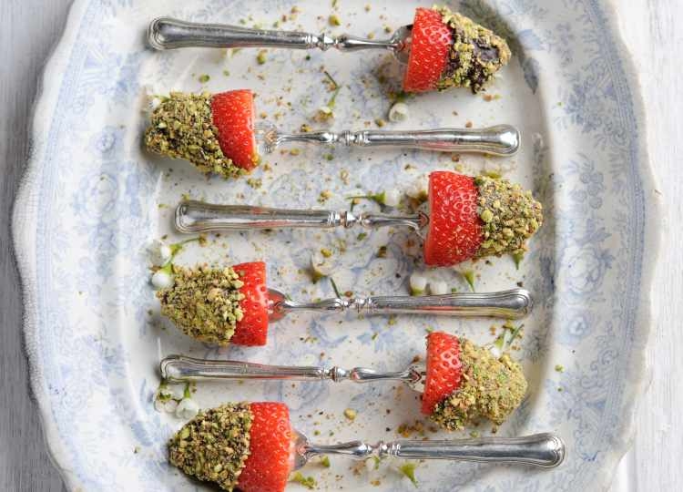 Strawberries Dipped in Melted Chocolate & Toasted Pistachio Nuts