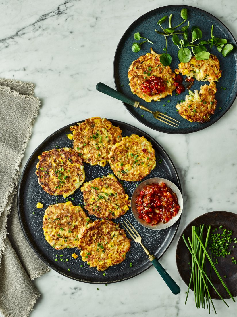 Sweetcorn and Halloumi Fritters with Tracklements Cucumber & Sweet Pepper Relish Recipe: Veggie
