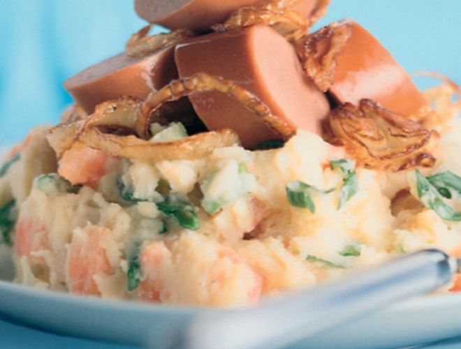 Vegetarian Frankfurter with Root Vegetable Mash and Fried Onions Recipe: Veggie Magazine