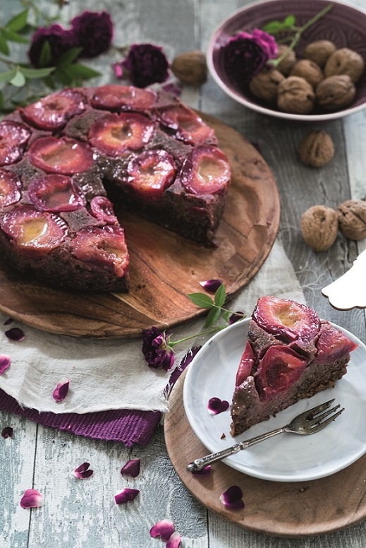 Walnut, Chocolate and Plum Upside-Down Cake