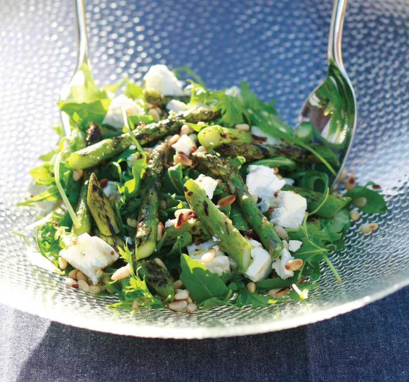 Barbecued British Asparagus, Rocket, Goat’s Cheese and Pine Nut Salad Recipe: Veggie