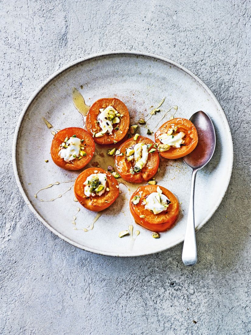 Diana Henry’s Baked Apricots with Goat’s Cheese, Pistachios & Honey Recipe: Veggie