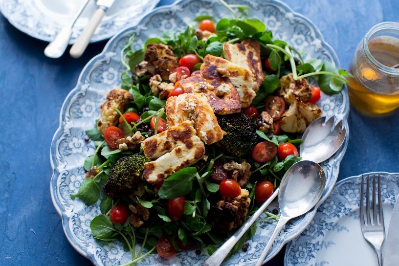 Roasted Broccoli and Cauliflower with Puy Lentils, Halloumi and Watercress Recipe: Veggie